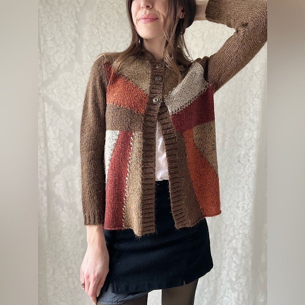 Vintage Alfred Dunner Geometric Knit Cardigan Sweater Jacket Brown Rust Beige